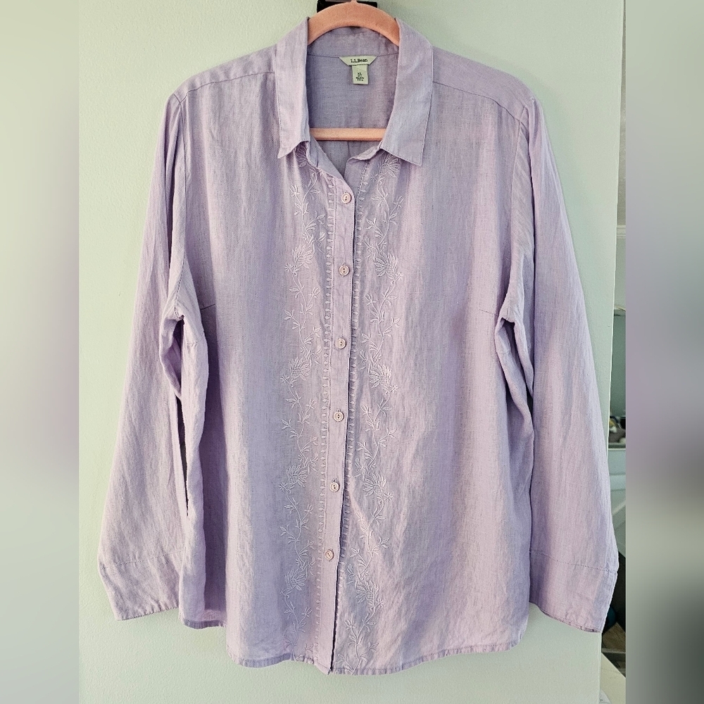 Vintage L.L. Bean 100% Linen Embroidered Button Down Shirt Lavender Purple XL